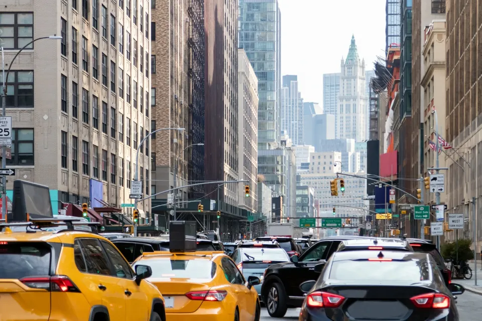Yellow cabs and black sedansin traffic jam in New York City.